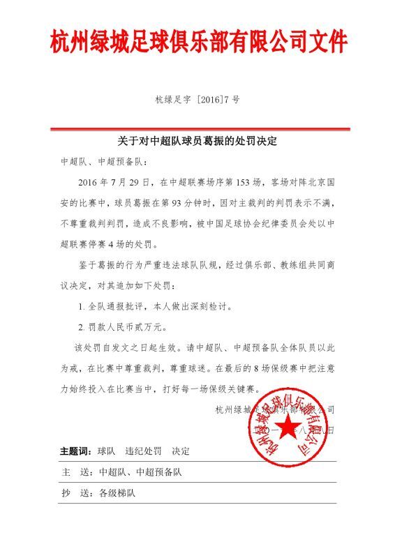 关于对中超队球员葛振的处罚决定插图