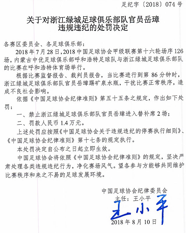 关于对浙江绿城官员岳璋违规违纪的处罚决定插图